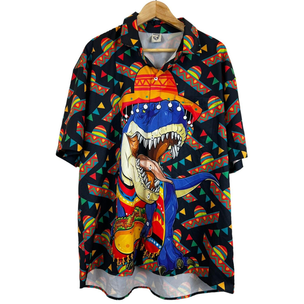 HARDADDY Men's L Party Hawaiian‎ Mexican Shark Sombrero Button Up Shirt